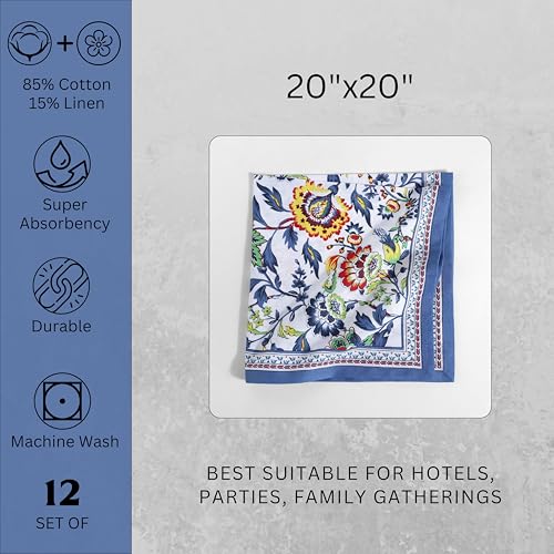 FINGERCRAFT 12-Pack Cotton Linen Blend Table Napkins 50cm x 50cm Printed Cloth Dinner Napkins, Washable Fabric, Superb Absorbency Perfect for Home, Kitchen & Party Use (Blue Floral) - Image 5