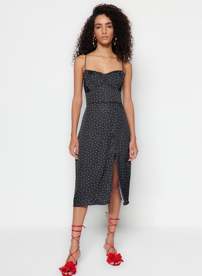 trendyol Black Polka Dot A-Cut Midi Strap Satin Woven Dress - Image 1