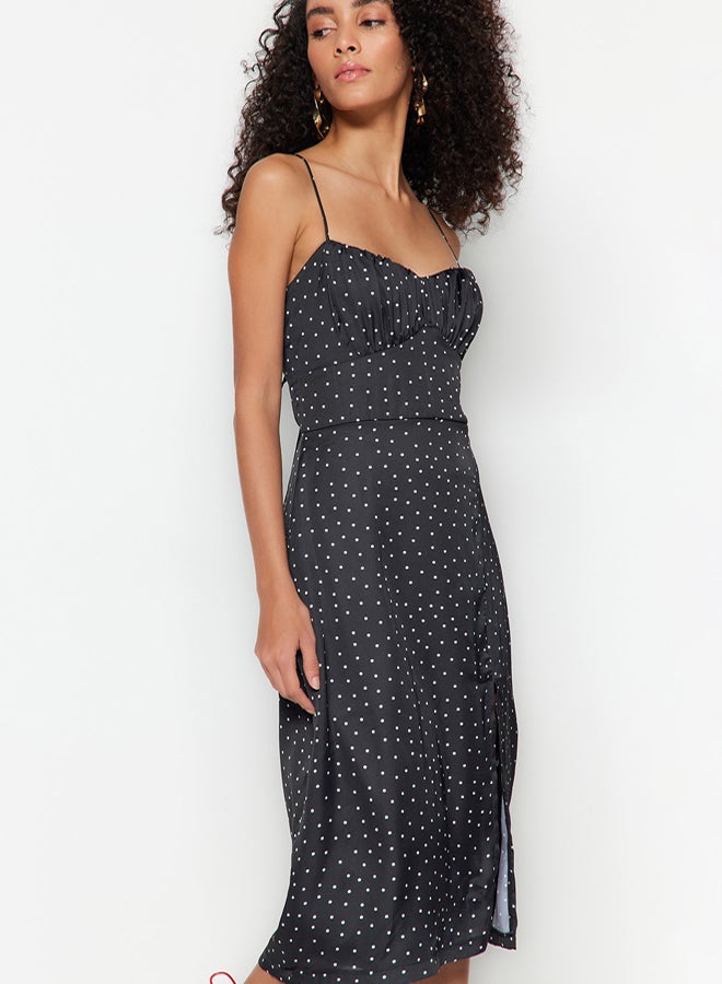 trendyol Black Polka Dot A-Cut Midi Strap Satin Woven Dress - Image 2