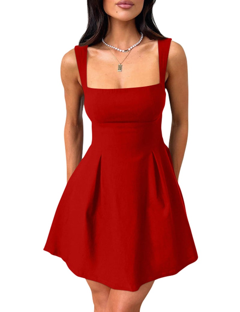 YMDUCH Women's Sexy Sleeveless Square Neck Adjustable Straps Bow Tie A-line Mini Party Club Dress Red Large - Image 1
