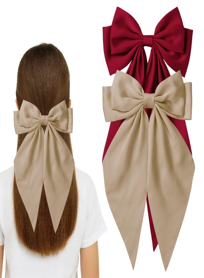 ANNACREATIONS ANNA CREATIONS 2 Pcs Large Satin Bow Hair Barrette Clips for Women & Girls - Strong Hold, Long Tail Hair Accessories for Parties, Weddings Wear & Gifting (Brown-Red) - Image 1