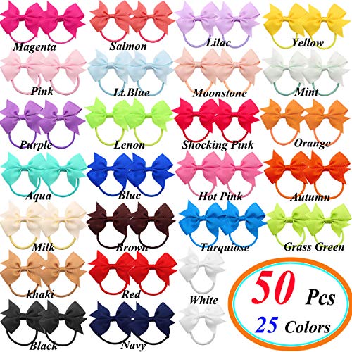 CÉLLOT CELLOT 50pcs 2" Baby Bows Hair Ties Rubber Band Ribbon Hair bands Ropes for Baby Girls Kids Children 25 in Pairs - Image 2