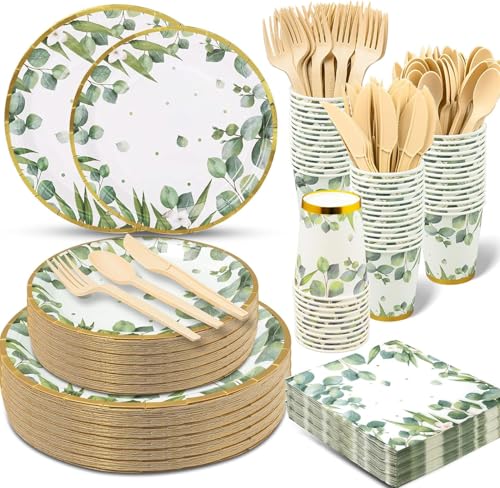 KisSealed 350 Pcs Sage Green Party Plates and Cups Sets,Disposable Paper Plates Cups Napkins Party Supplies,Eucalyptus Plates Dinnerware for Boho Bridal Shower/Baby Shower Theme,Serves 50 - Image 1