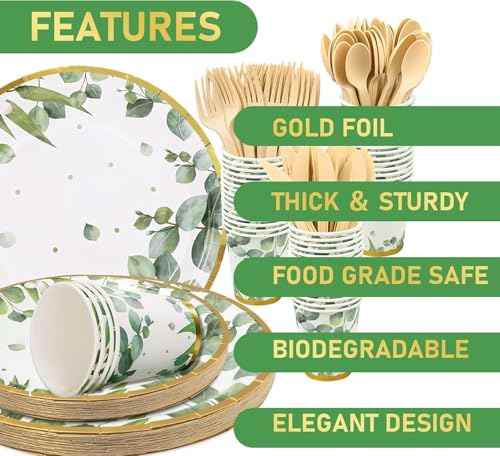 KisSealed 350 Pcs Sage Green Party Plates and Cups Sets,Disposable Paper Plates Cups Napkins Party Supplies,Eucalyptus Plates Dinnerware for Boho Bridal Shower/Baby Shower Theme,Serves 50 - Image 4