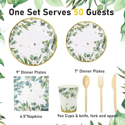 KisSealed 350 Pcs Sage Green Party Plates and Cups Sets,Disposable Paper Plates Cups Napkins Party Supplies,Eucalyptus Plates Dinnerware for Boho Bridal Shower/Baby Shower Theme,Serves 50 - Image 2