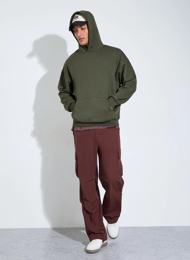 Styli Olive Oversize Fit Back Slogan Print Hoodie