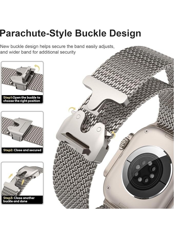 ملائكي  حلقة شبكية من نوع ميلانيز متوافقة مع ساعة أبل باند ألترا 2/ألترا مقاسات 49مم، 46مم، 45مم، 44مم للرجال والنساء. سوار معدني قابل للتعديل بتصميم مشبك مظلي أنيق، مناسب لـ iWatch SE والسلسلة 10/9/8/7/6/5/4. - Image 3