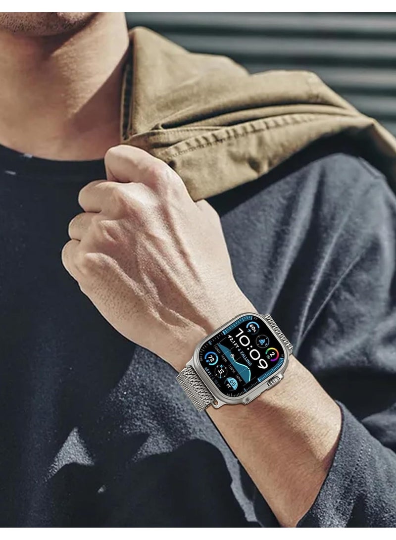 ملائكي  حلقة شبكية من نوع ميلانيز متوافقة مع ساعة أبل باند ألترا 2/ألترا مقاسات 49مم، 46مم، 45مم، 44مم للرجال والنساء. سوار معدني قابل للتعديل بتصميم مشبك مظلي أنيق، مناسب لـ iWatch SE والسلسلة 10/9/8/7/6/5/4. - Image 5