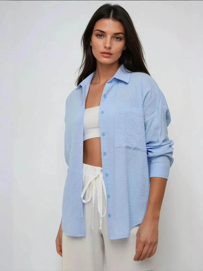 Oversized Cotton Shirt with Pocket Detail