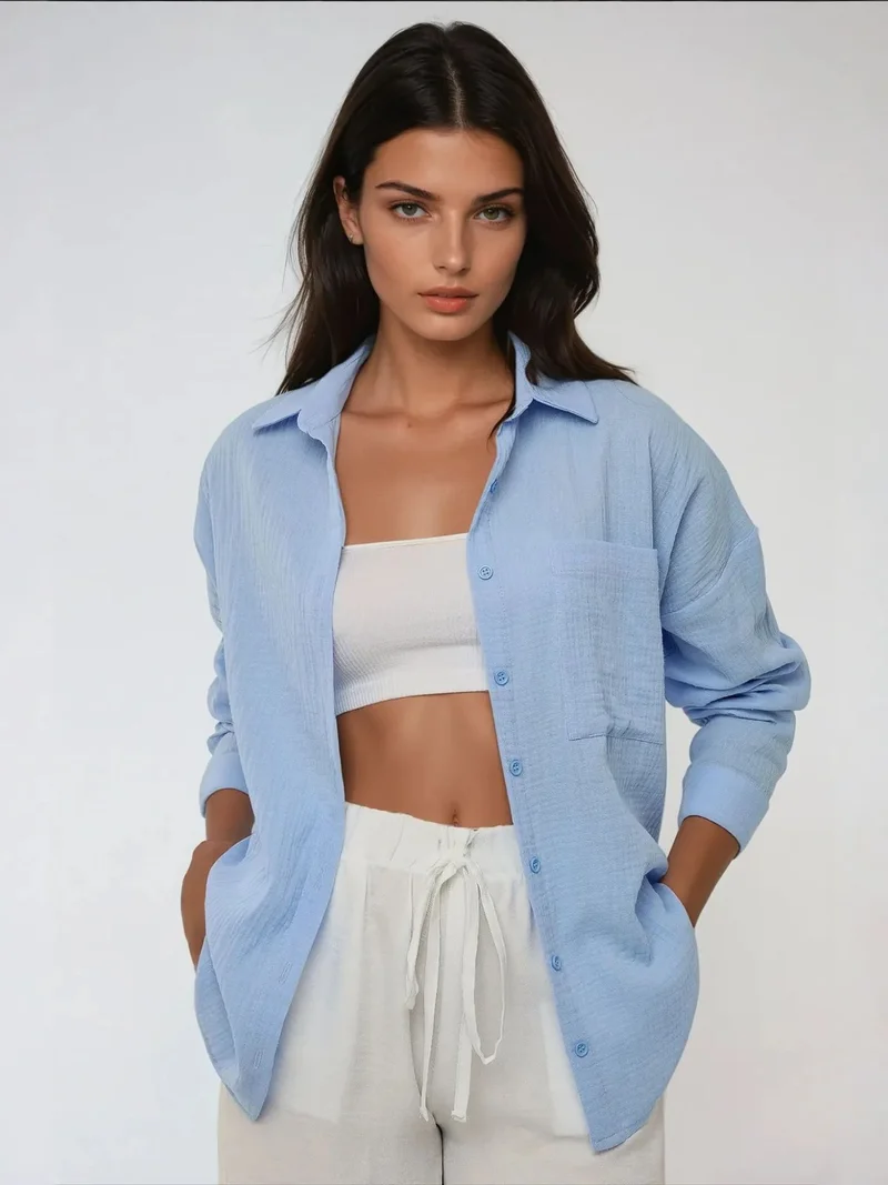 HICCUP  Oversized Cotton Shirt with Pocket Detail for Women | Best Price UAE