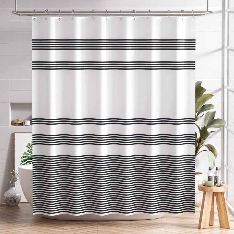 AmazerBath Shower Curtain Washable Cloth Black Shower Curtain Sets with 12 Shower Curtain Hooks Fabric Rustic Black and White Striped Curtain Farmhouse Bathroom Curtains 72x72 Inches