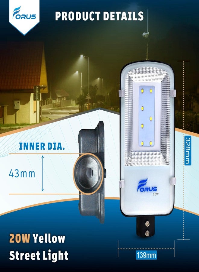 Forus LED Street Light 20W Waterproof IP66 Outdoor Yellow Street Lamp for Home Garden Parking Lot Road Pathway Highway Warehouse Factory Yard Driveway Pole Mounted Streetlight 5 Years Warranty 1Pc - Image 5