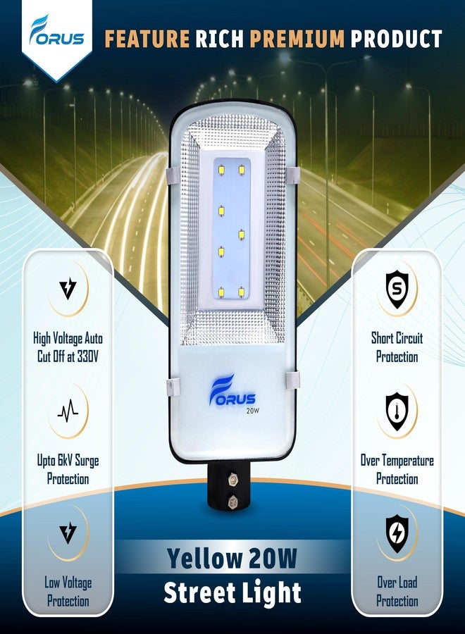 Forus LED Street Light 20W Waterproof IP66 Outdoor Yellow Street Lamp for Home Garden Parking Lot Road Pathway Highway Warehouse Factory Yard Driveway Pole Mounted Streetlight 5 Years Warranty 1Pc - Image 2