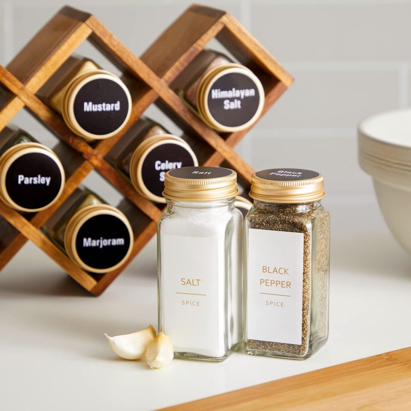 Talented Kitchen 24-Pack Glass Spice Jars - 4 Oz Square Bottles & Gold Metal Caps - Refillable Shaker & Pour Lids, 284 Preprinted Stickers - Seasoning Organizer for White & Gold Kitchen Organization - Image 3
