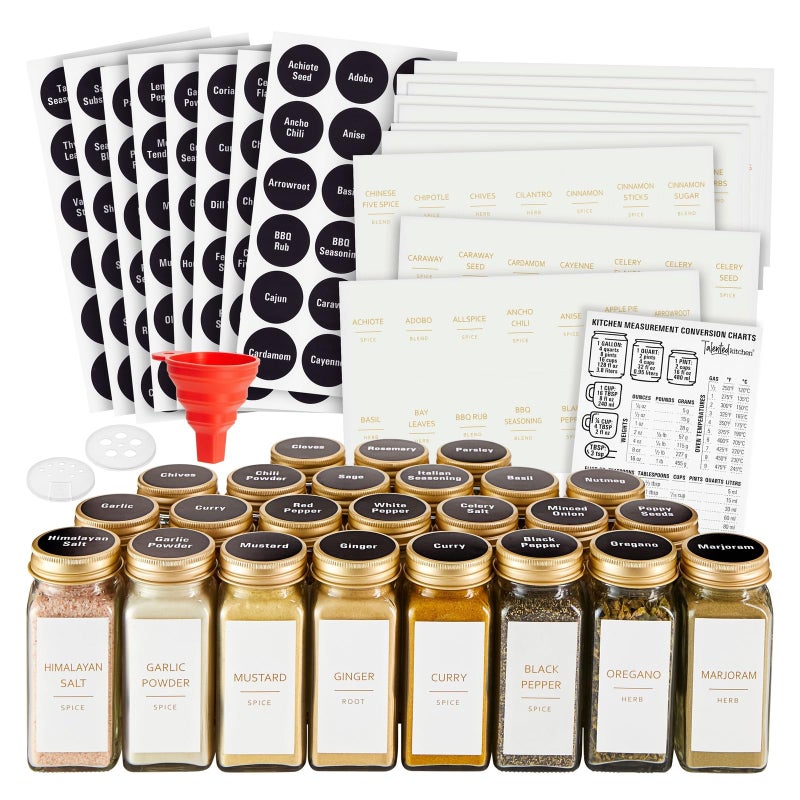 Talented Kitchen 24-Pack Glass Spice Jars - 4 Oz Square Bottles & Gold Metal Caps - Refillable Shaker & Pour Lids, 284 Preprinted Stickers - Seasoning Organizer for White & Gold Kitchen Organization - Image 1