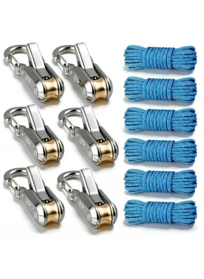 Heavy-Duty Rope Tensioner Set with Retractable Buckles and Rollers, 6-Pack, Blue Ropes for Camping & Utility