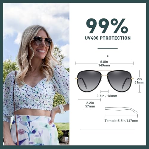 Fozono Polarized Aviator Sunglasses for Women Reinforced Metal Frame Trendy Pilot Sun Glasses for Driving Beach UV400 - Black/Grey - Image 3