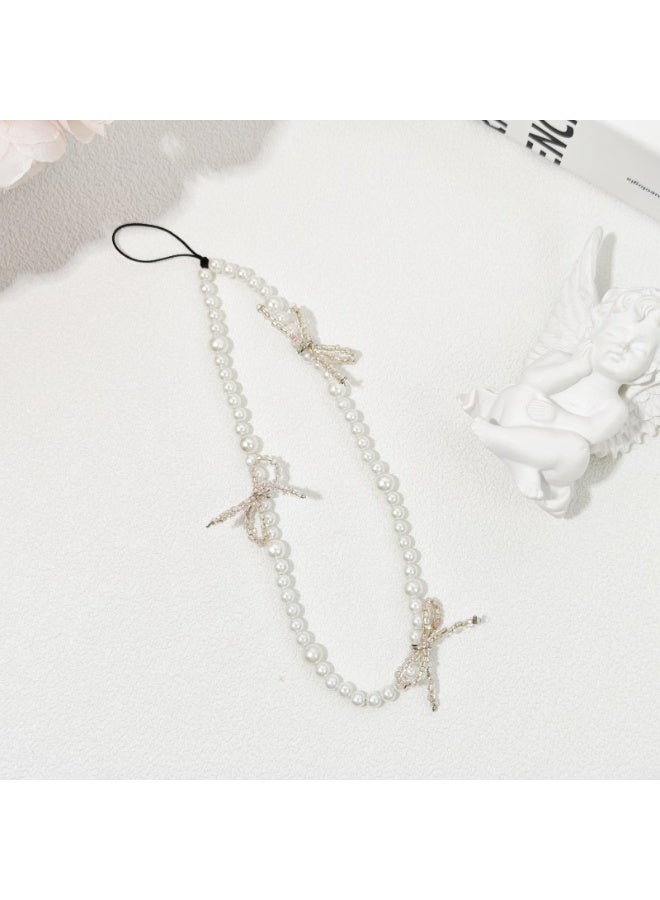 NIBEMINENT Beaded Phone Lanyard, Anti Lost Removable Wrist Strap, Beaded Bow Pearl Bracelet Pendant, Phone Keychain Lanyard，Transparent Powder