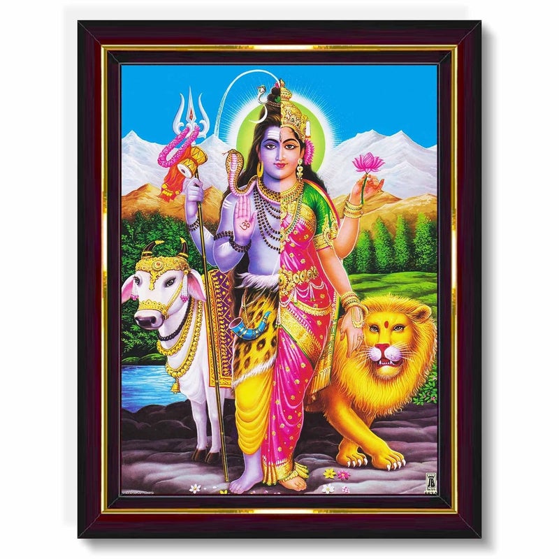 Pavan Photo Laminations Pavan Photo Laminations Ardhanarishvara Arthanareeswarar Shiv Parvati Wall Painting Framed Home Decor WoodMatteBrownSmall Size6 x 8 Inch B124S - Image 1