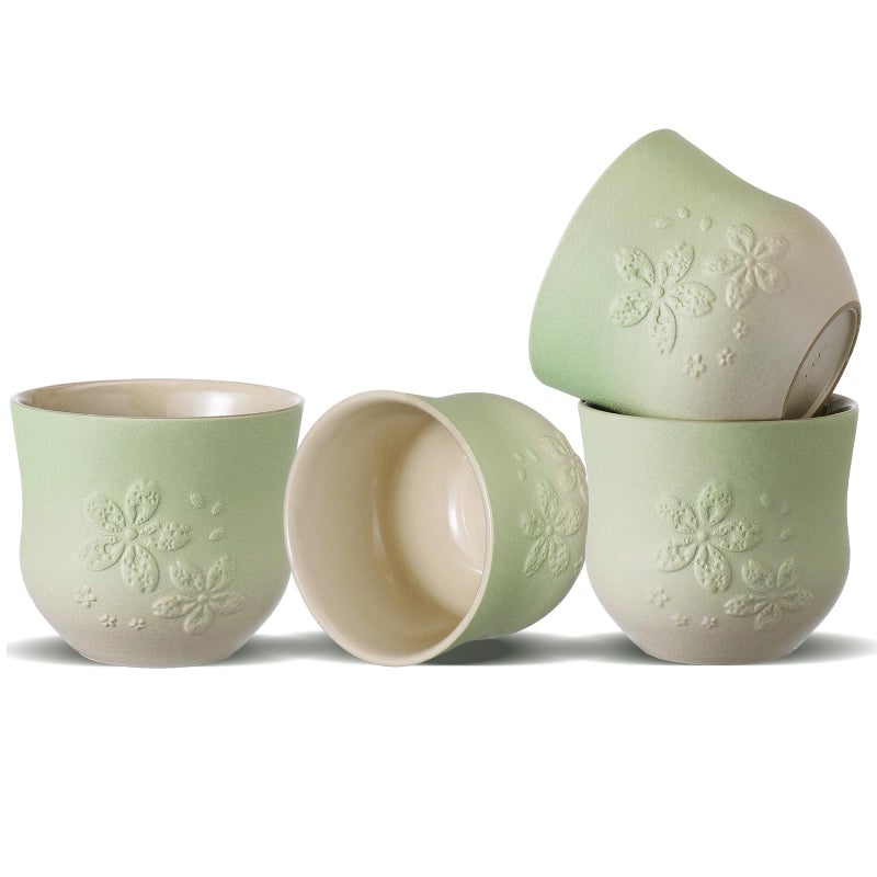 ZENS Japanese Tea Cups Set of 4 â€“ 210ml Ceramic Tea Cups, Gradient Green Glaze, Embossed Design â€“ Handleless Matcha & Gongfu Cups, Traditional Asian Style - Image 1