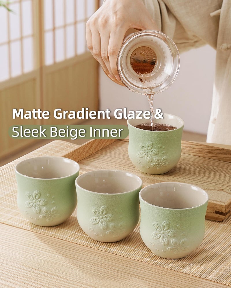 ZENS Japanese Tea Cups Set of 4 â€“ 210ml Ceramic Tea Cups, Gradient Green Glaze, Embossed Design â€“ Handleless Matcha & Gongfu Cups, Traditional Asian Style - Image 3