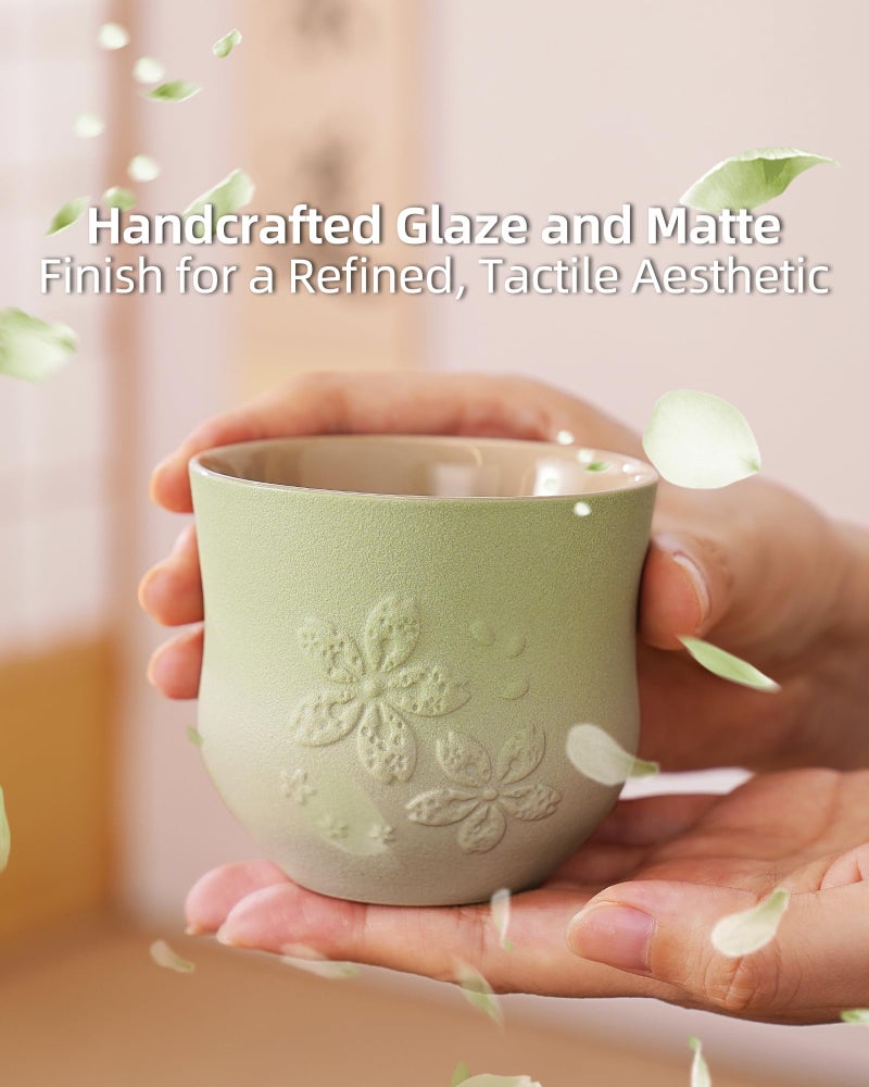 ZENS Japanese Tea Cups Set of 4 â€“ 210ml Ceramic Tea Cups, Gradient Green Glaze, Embossed Design â€“ Handleless Matcha & Gongfu Cups, Traditional Asian Style - Image 4