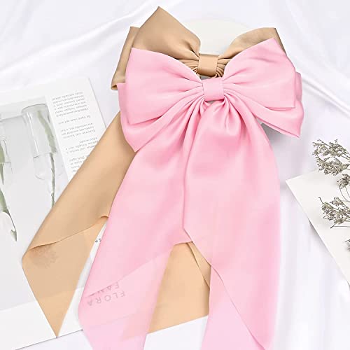 ZEPOLI Big Satin Layered Hair Bows for Women Girls 11 Inch Barrette Hair Clip Long Black Ribbon Bows French Style Hair Accessories (Pink) - Image 3
