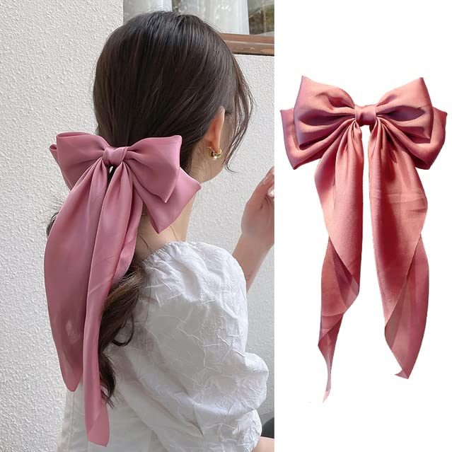 ZEPOLI Big Satin Layered Hair Bows for Women Girls 11 Inch Barrette Hair Clip Long Black Ribbon Bows French Style Hair Accessories (Pink) - Image 1