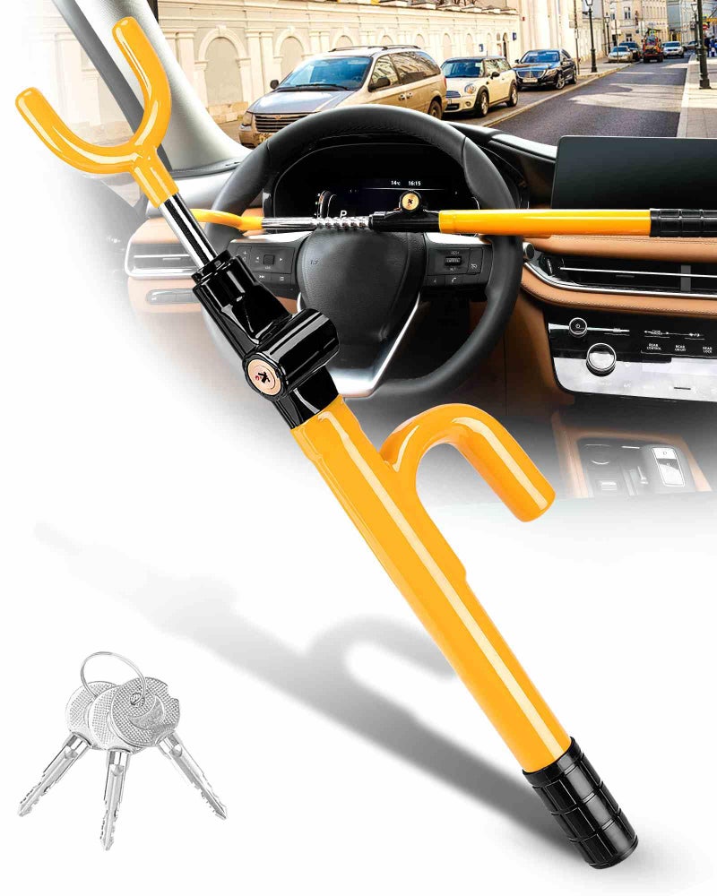 Tevlaphee Steering Wheel Lock - Anti Theft Device with Adjustable Car Wheel Lock, 3 Keys (Yellow) - Image 1