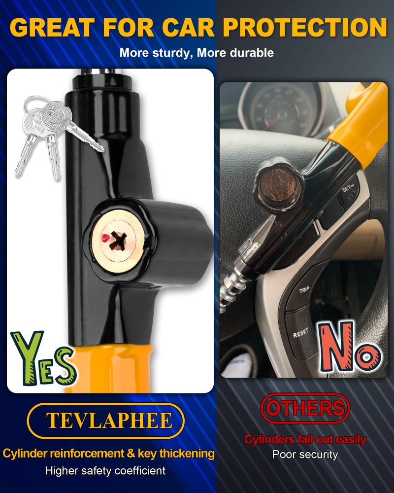 Tevlaphee Steering Wheel Lock - Anti Theft Device with Adjustable Car Wheel Lock, 3 Keys (Yellow) - Image 5