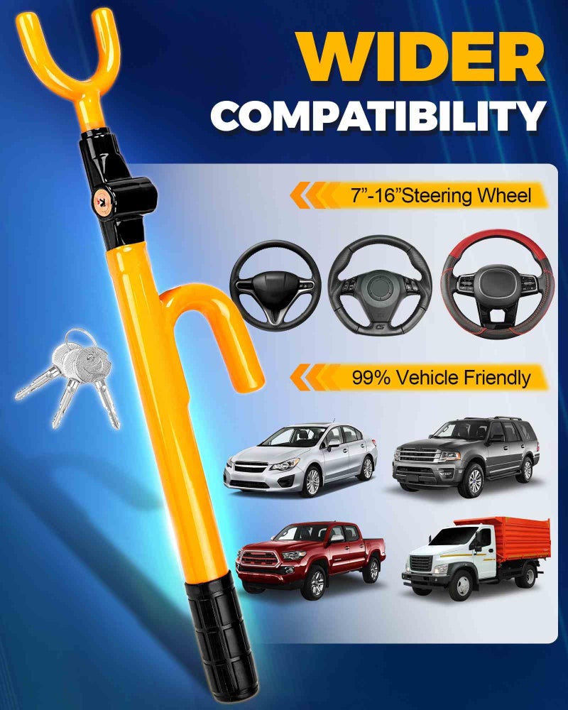 Tevlaphee Steering Wheel Lock - Anti Theft Device with Adjustable Car Wheel Lock, 3 Keys (Yellow) - Image 3