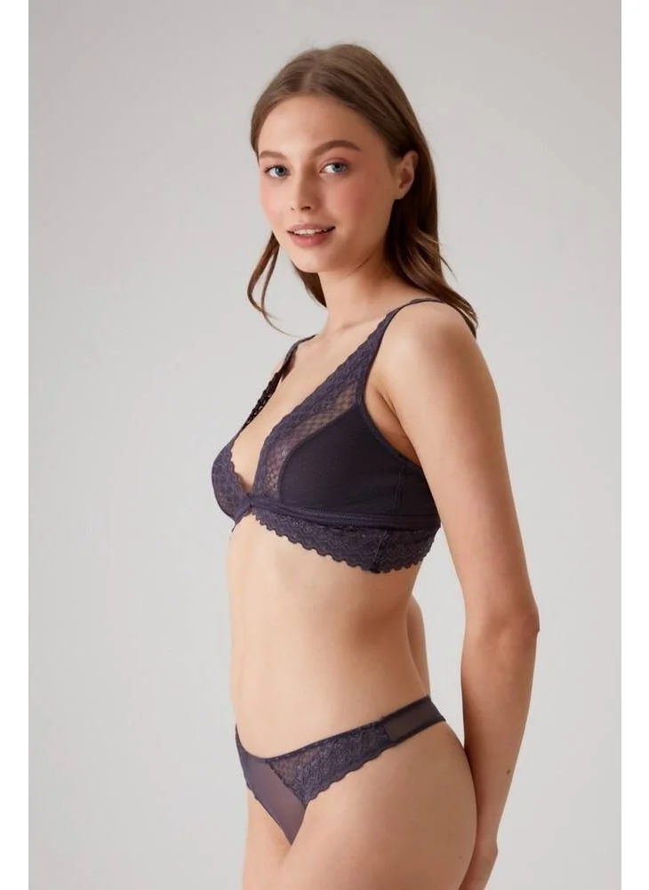 بيير كاردان Lace Detailed Bralet Bra Set Dark Plum