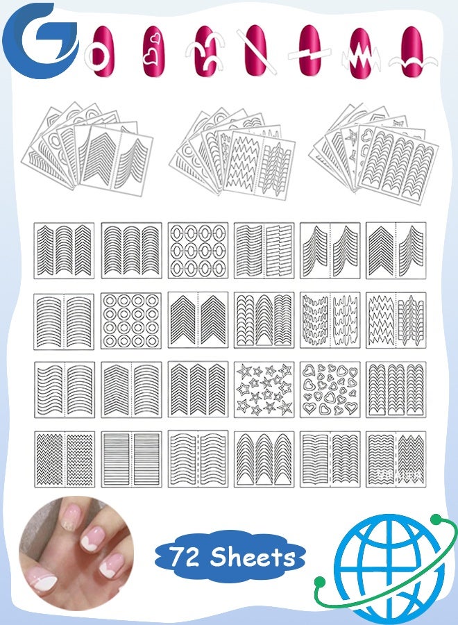 MXN 72 Sheets 32 Designs Self-Adhesive French Tip Nail Stickers with Half Moon and Tips V Pattern Wave Lines Smile Line White Manicure Strips - Nails Supplies Accessories - Image 1