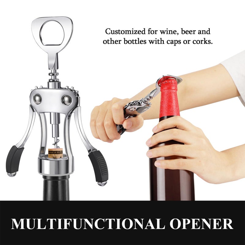 KORCCI Wine Opener, Heavy-Duty Zinc Alloy Wing Corkscrew, Premium Beer Bottle Opener, Multifunctional Wine Accessories with Ergonomic Handle and Sharp Screw, for Kitchen, Bar, Restaurant, Bartenders - Image 4
