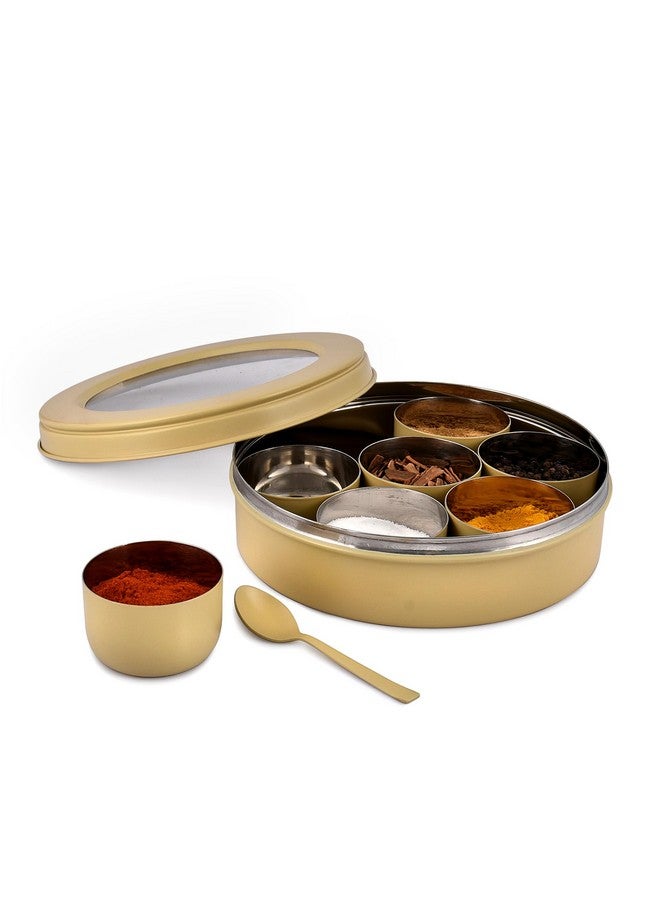 Elan علبة ماسالا من الفولاذ المقاوم للصدأ إيلان | حاوية تخزين التوابل | علبة ماسالا مع 7 حاويات وملعقة صغيرة | علبة ماسالا للمطبخ مع غطاء شفاف | منظم التوابل للمطبخ (أصفر ديزي) - Image 2