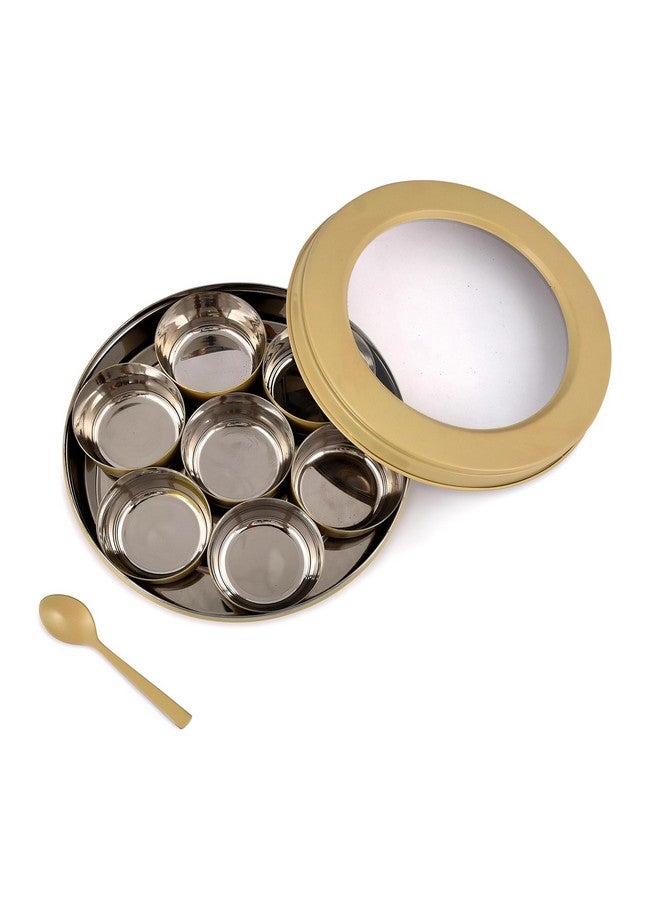 Elan علبة ماسالا من الفولاذ المقاوم للصدأ إيلان | حاوية تخزين التوابل | علبة ماسالا مع 7 حاويات وملعقة صغيرة | علبة ماسالا للمطبخ مع غطاء شفاف | منظم التوابل للمطبخ (أصفر ديزي) - Image 4