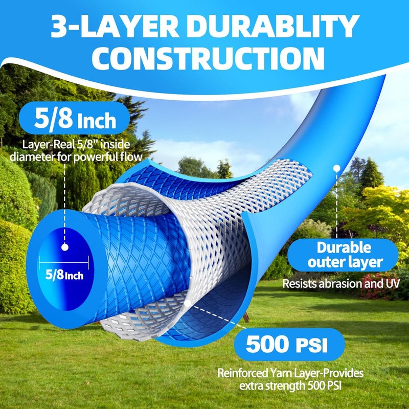 yotoo خرطوم ماء هجين ثقيل 5/8" × 3'، 150 PSI، خرطوم حديقة، مقاوم للانحناء، مرن مع مقبض دوار 3/4" GHT تركيبة نحاسية صلبة لري النباتات، الفناء الخلفي، بكرة، أزرق - Image 2