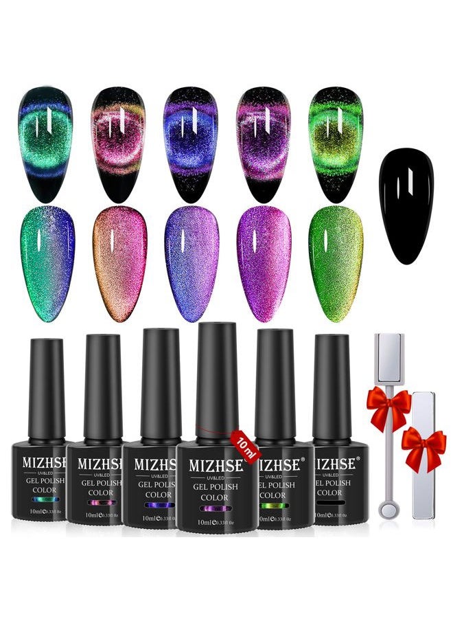 MIZHSE 9D Cat Eye Gel Nail Polish, Magnetic Cat Eye Gel Polish Set, 10ml*6 with 2 Magnets, Classic Colors Chameleon Magic Galaxy Effect Soak off Nail Art, Sparkle Stunning Gel Polish Gift for Women  - Image 1