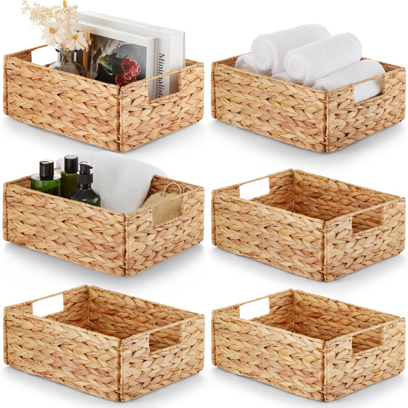 BLUEWEST Water Hyacinth Storage Baskets Set of 6  Woven Hyacinth Organizer with Carrying Handles Laundry Basket for Organizing Rattan Bin for Shelves