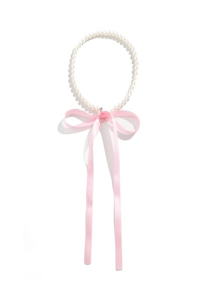 RECTYO GALLERY1Psc Premium Pearls Bow Ribbon Choker Necklace for Women,Satin Lace Up Long Ribbon Bowknot Pearls Beaded Tie Necklace Party Prom Trendy Jewelry Gifts - Image 1