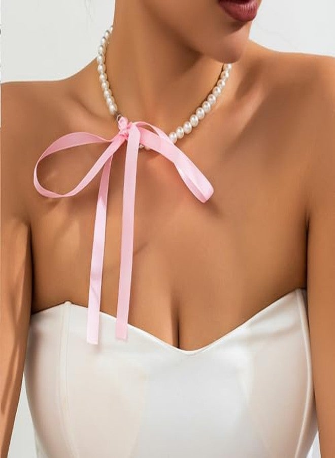 RECTYO GALLERY1Psc Premium Pearls Bow Ribbon Choker Necklace for Women,Satin Lace Up Long Ribbon Bowknot Pearls Beaded Tie Necklace Party Prom Trendy Jewelry Gifts - Image 2