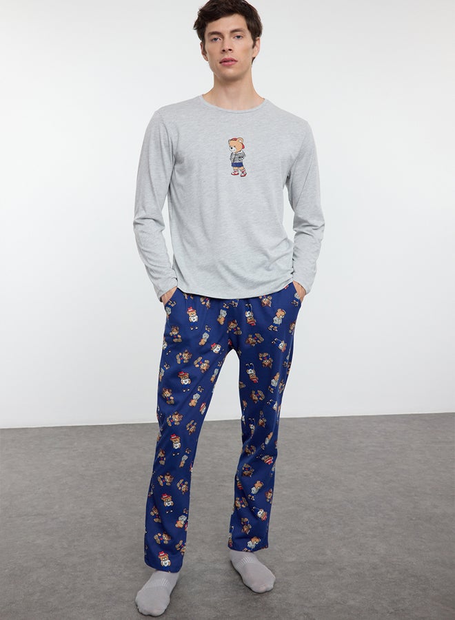 trendyol Grimelanj - Navy Blue Teddy Bear Patterned Couple/Double Knitted Men's Pajama Set - Image 2