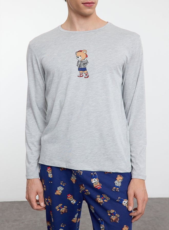 trendyol Grimelanj - Navy Blue Teddy Bear Patterned Couple/Double Knitted Men's Pajama Set - Image 4