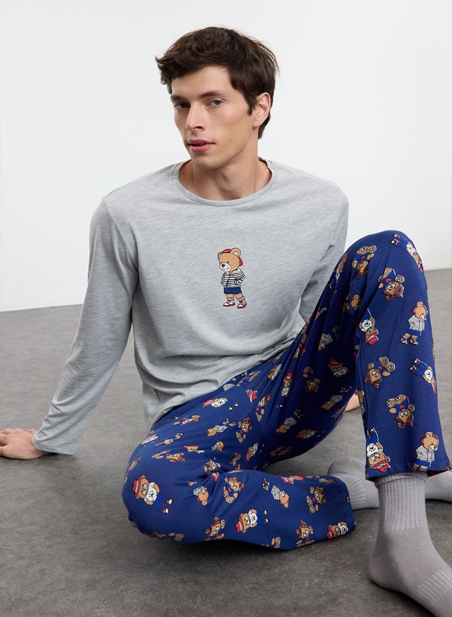trendyol Grimelanj - Navy Blue Teddy Bear Patterned Couple/Double Knitted Men's Pajama Set - Image 3