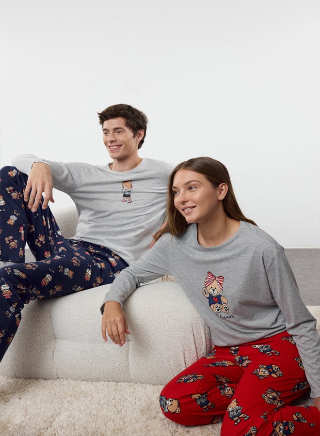 trendyol Grimelanj - Navy Blue Teddy Bear Patterned Couple/Double Knitted Men's Pajama Set - Image 1