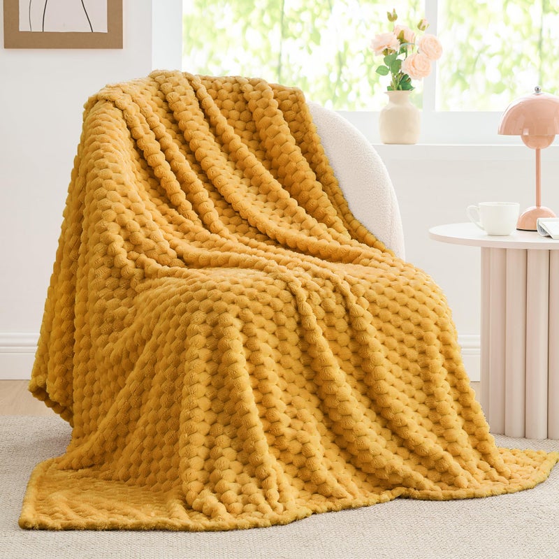 BEDELITE Fleece Blanket Twin Size for Bed Couch  3D Jacquard Decorative Mustard Yellow Throw  Soft and Cozy Warm Plush Fuzzy Blanket All Seasons Suitable  60x80Inches - Image 2