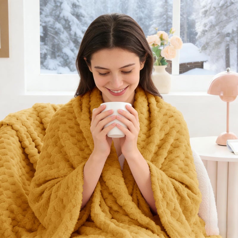 BEDELITE Fleece Blanket Twin Size for Bed Couch  3D Jacquard Decorative Mustard Yellow Throw  Soft and Cozy Warm Plush Fuzzy Blanket All Seasons Suitable  60x80Inches - Image 3