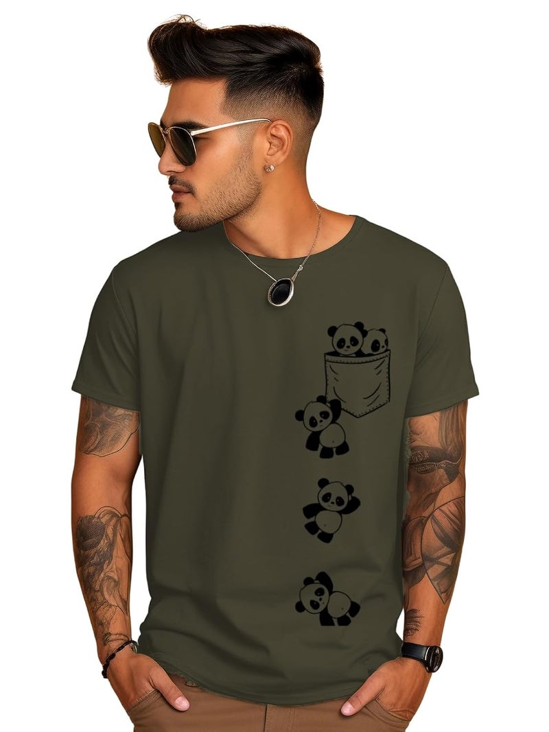 adro تي شيرت ADRO للرجال باللون الأخضر الزيتوني مع تصميم باندا - Image 4