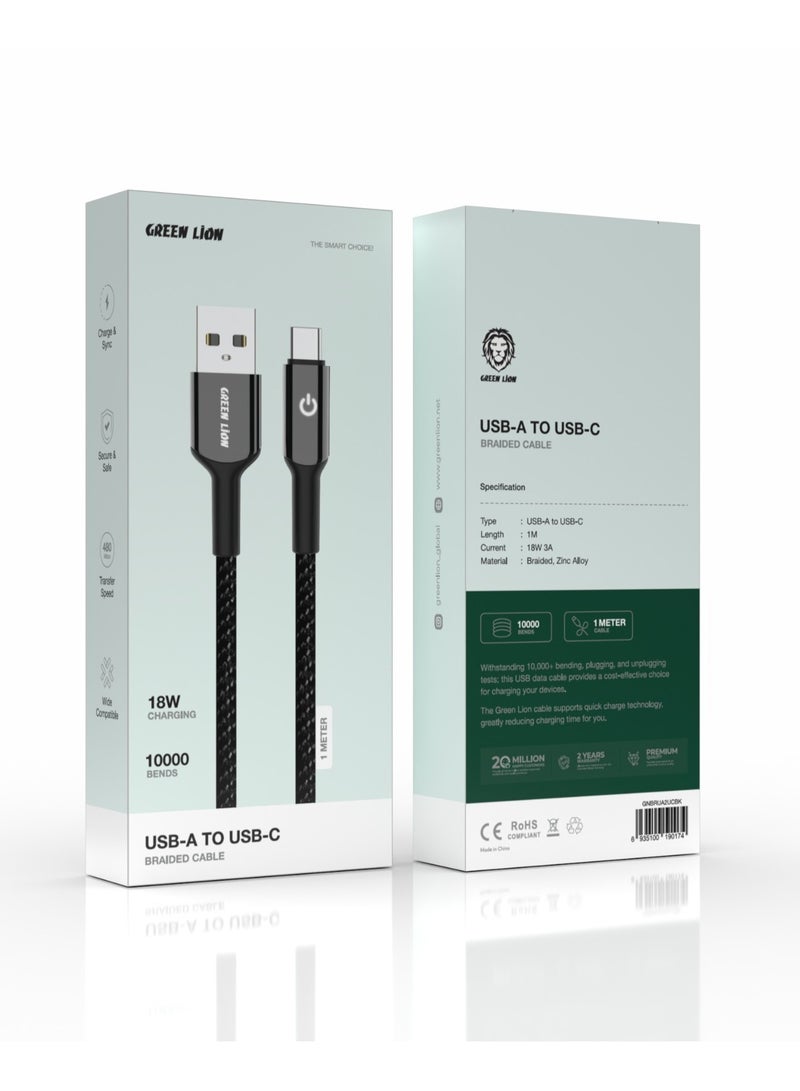 GREEN LION USB-A to USB-C Braided Cable 18W/ High Transfer Speed / Wide Compatible / Auto Disconnect / Charge & Sync / LED Indicator / Secure & Safe / 1 Meter Cable / 10000 Bends - Black - Image 2
