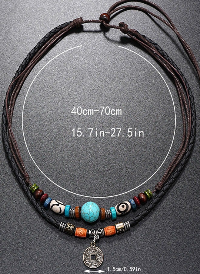 HAWAWA Western Layered Boho Wood Beads Choker Necklace Adjustable Vintage Leather Necklace Coin Pendant Necklace Summer Beach Jewelry for Women Men - Image 2